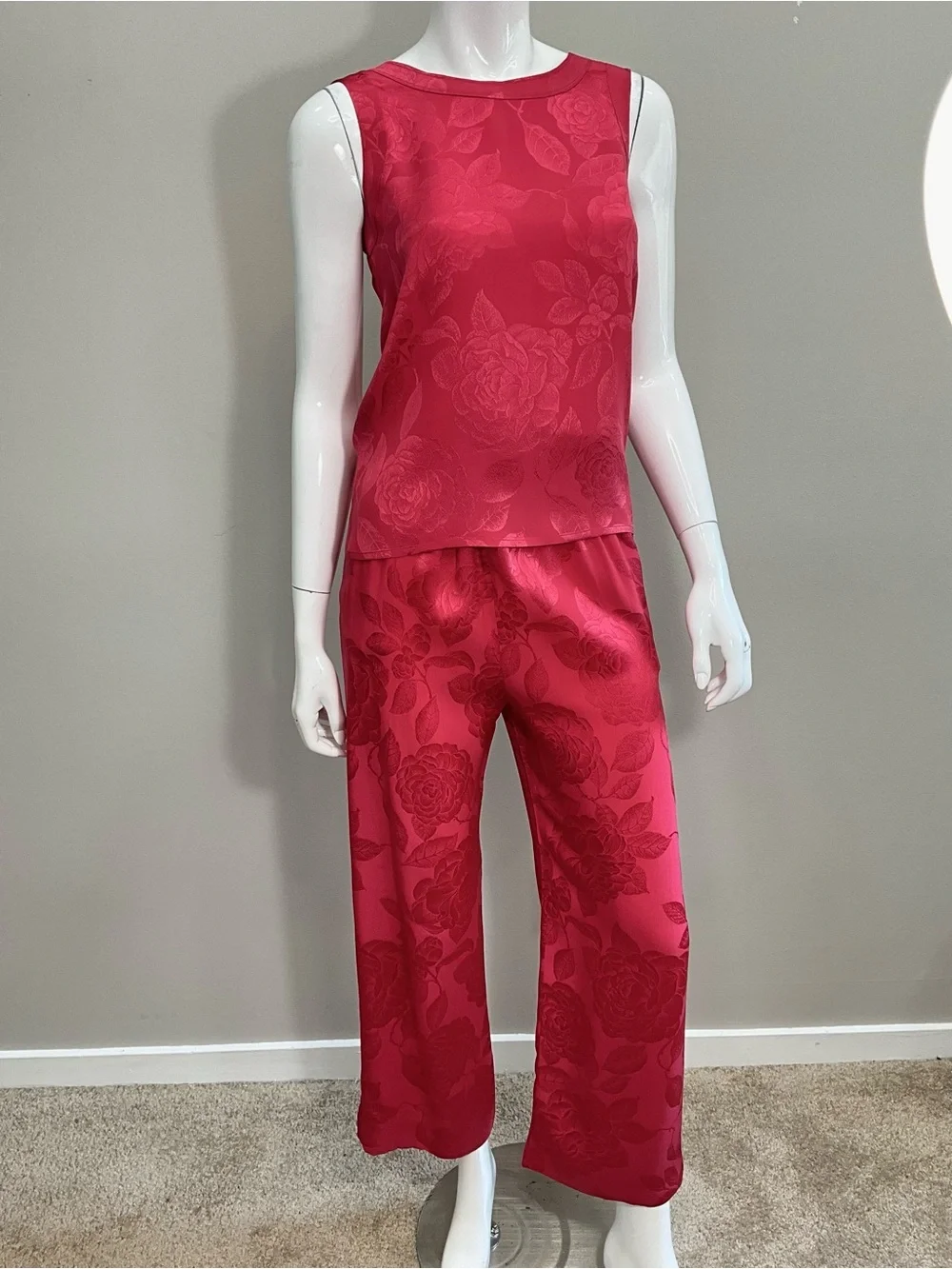 CHANEL Vintage 3 Pc Red Silk Floral Jacquard Pantsuit Set Jacket Top Pants XS/S